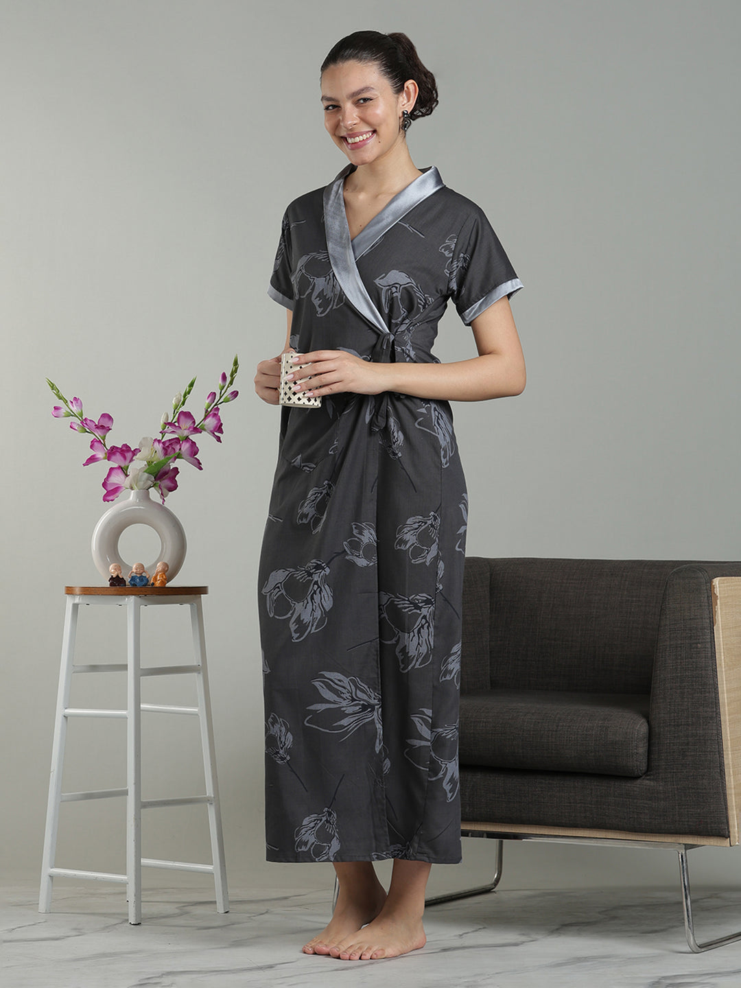 Charcoal Mist Viscose Blend Housecoat with Floral Sketch Print for Women