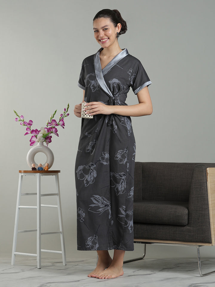 Charcoal Mist Viscose Blend Housecoat with Floral Sketch Print for Women