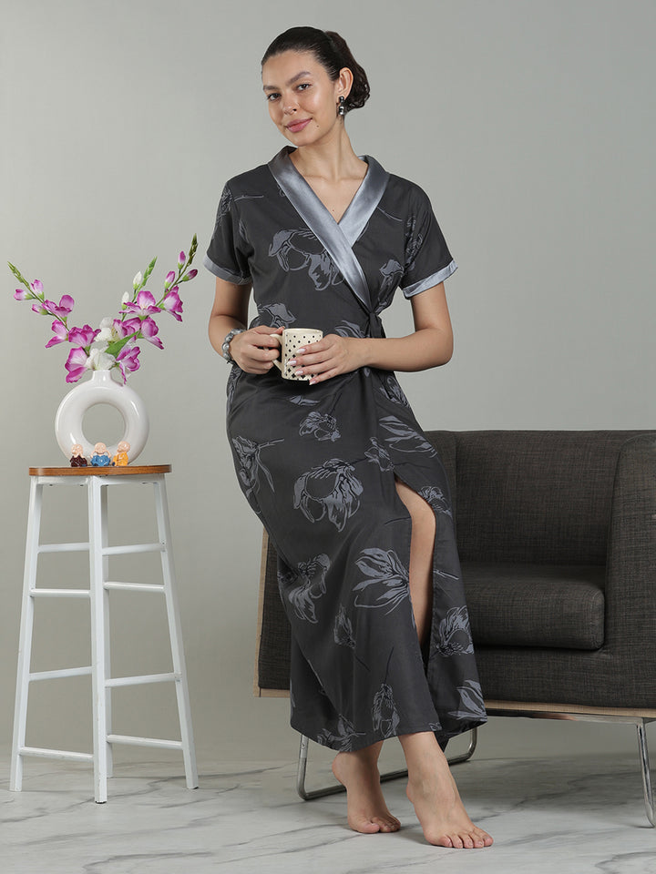 Charcoal Mist Viscose Blend Housecoat with Floral Sketch Print for Women