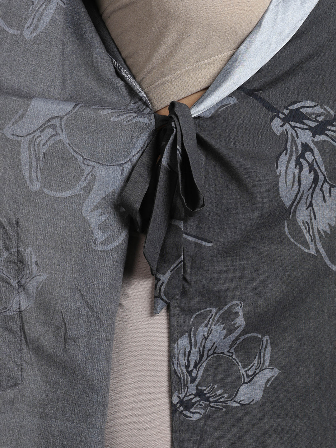 Charcoal Mist Viscose Blend Housecoat with Floral Sketch Print for Women