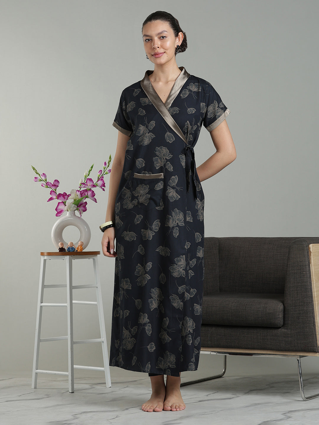 Prussian Blue Viscose Blend Housecoat with Floral Sketch Print for Women