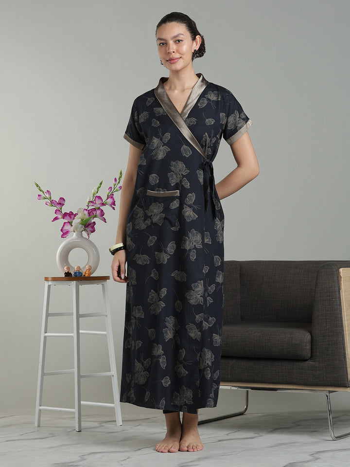 Prussian Blue Viscose Blend Housecoat with Floral Sketch Print for Women