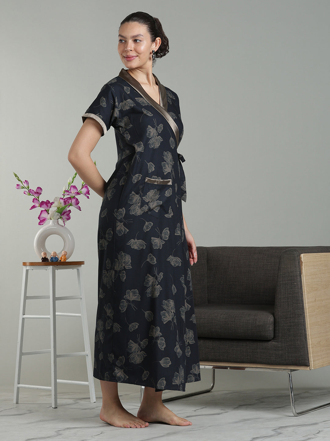 Prussian Blue Viscose Blend Housecoat with Floral Sketch Print for Women