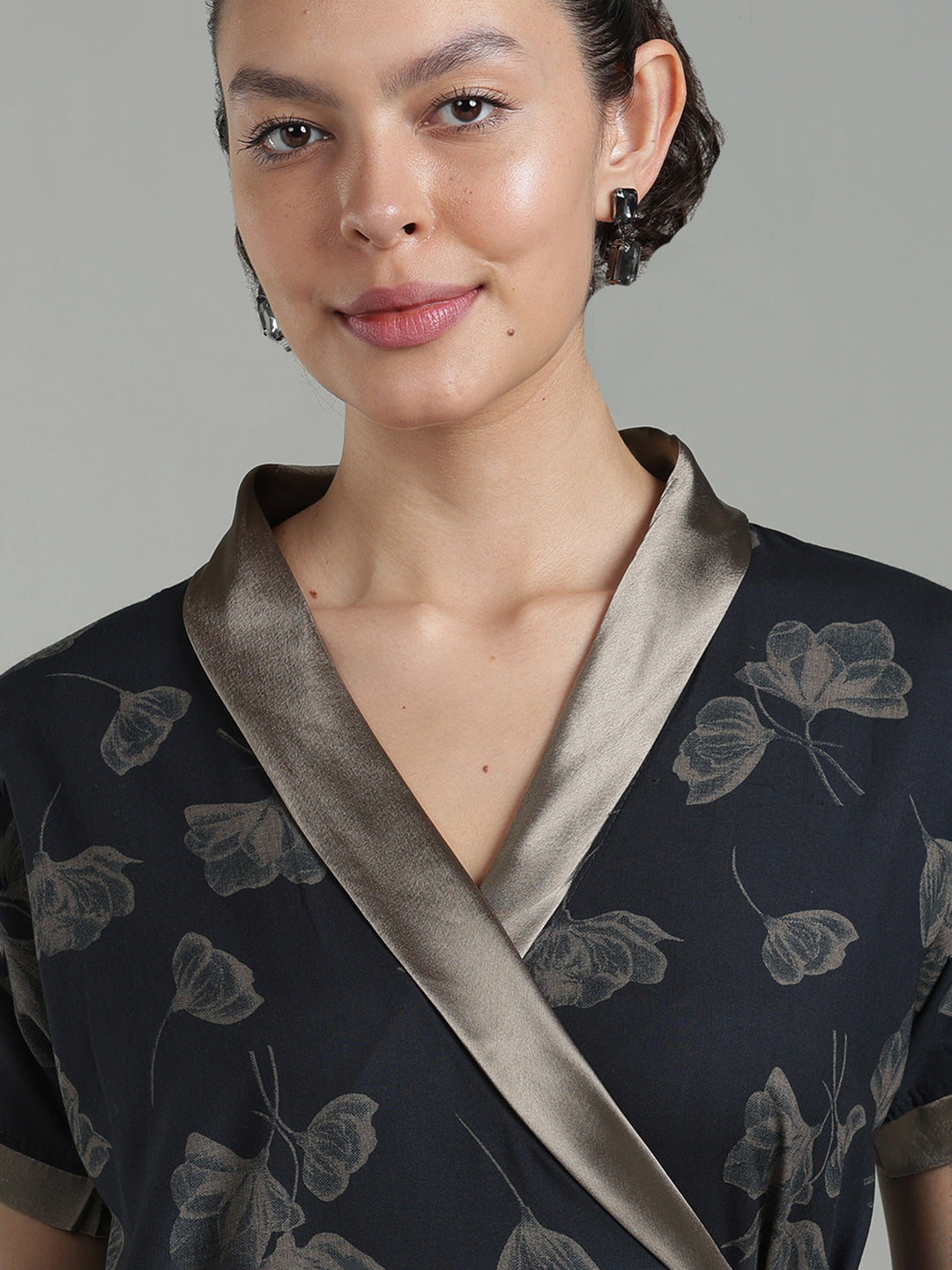 Prussian Blue Viscose Blend Housecoat with Floral Sketch Print for Women