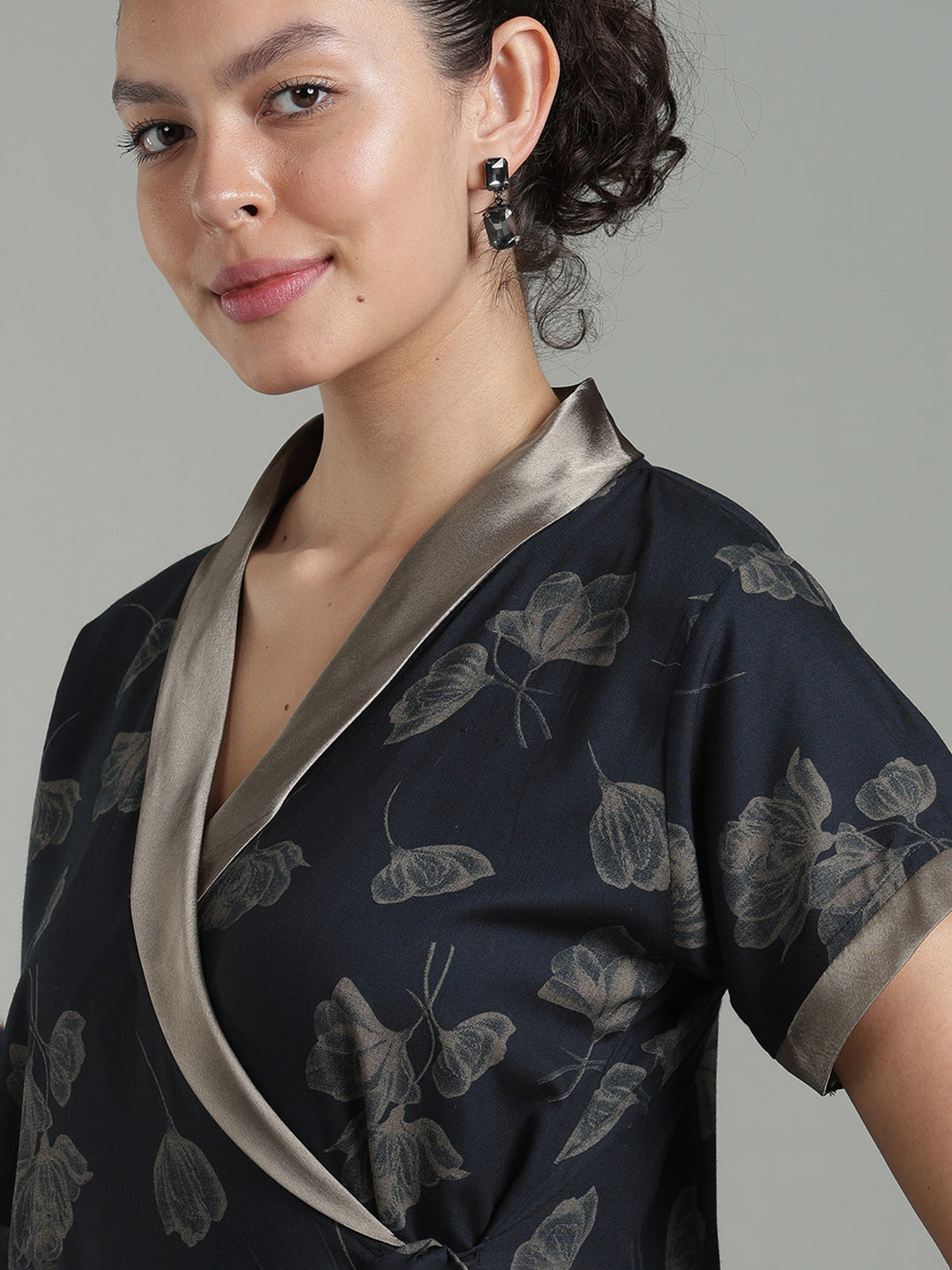 Prussian Blue Viscose Blend Housecoat with Floral Sketch Print for Women