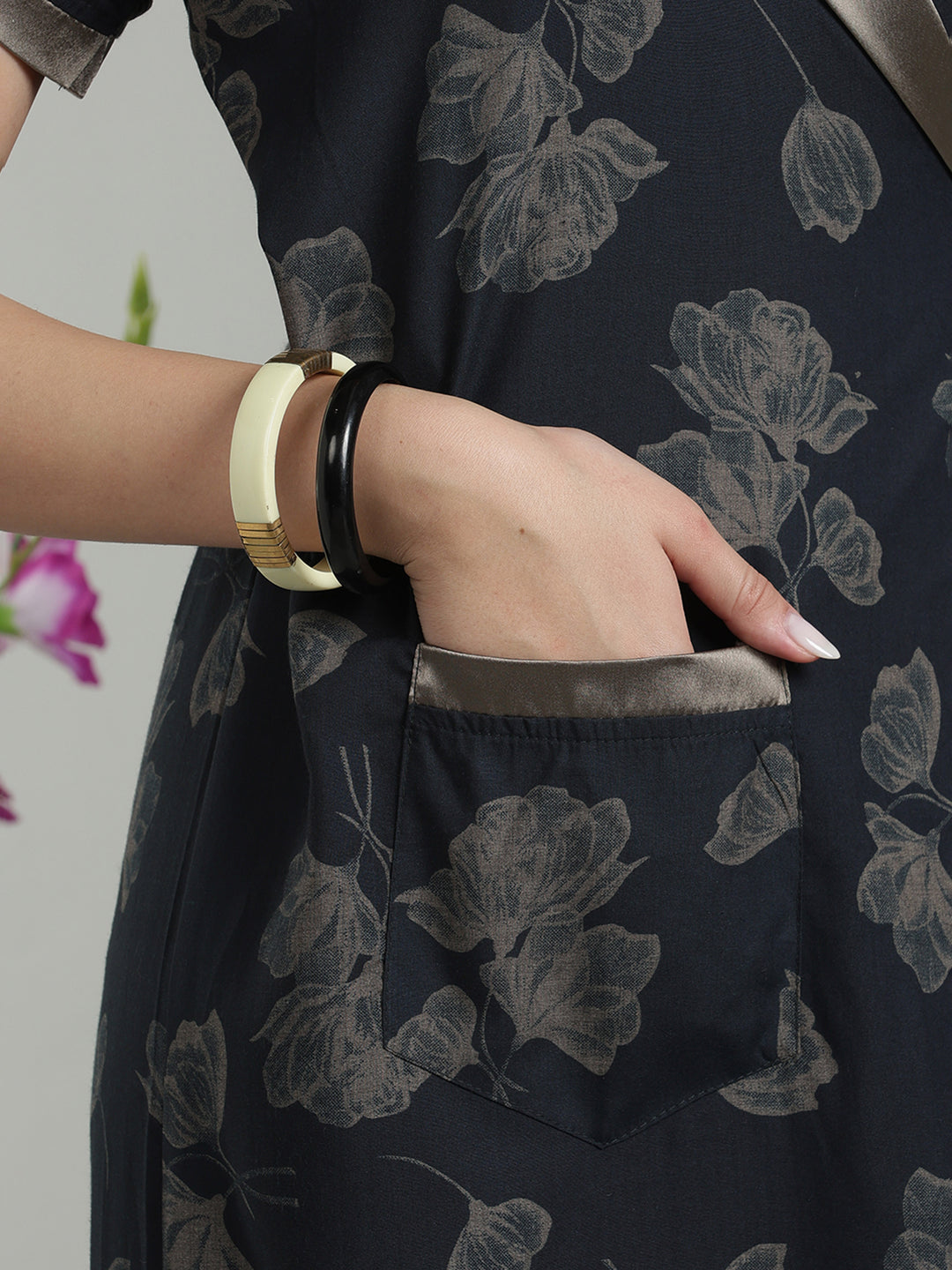 Prussian Blue Viscose Blend Housecoat with Floral Sketch Print for Women