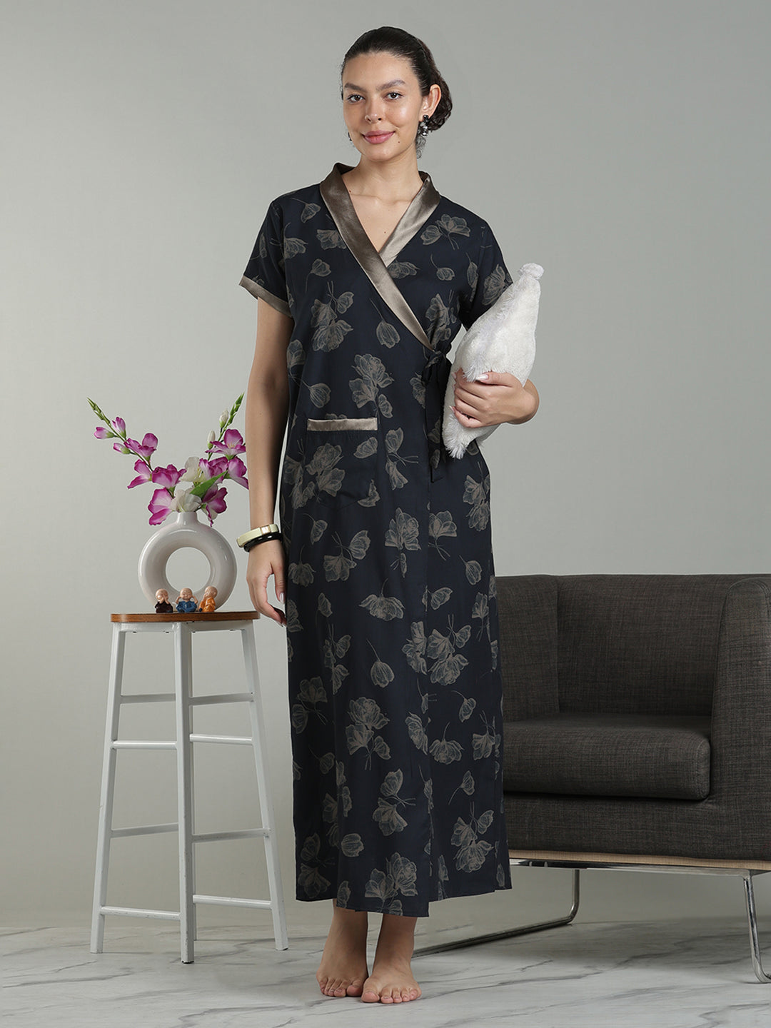 Prussian Blue Viscose Blend Housecoat with Floral Sketch Print for Women