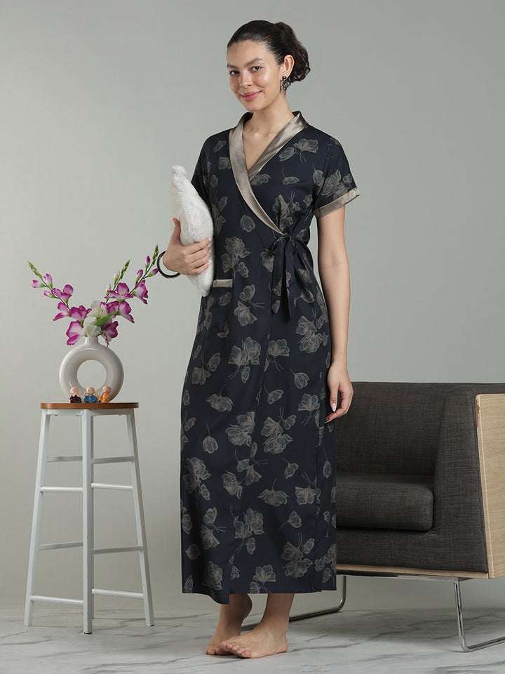 Prussian Blue Viscose Blend Housecoat with Floral Sketch Print for Women