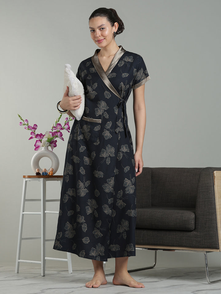 Prussian Blue Viscose Blend Housecoat with Floral Sketch Print for Women