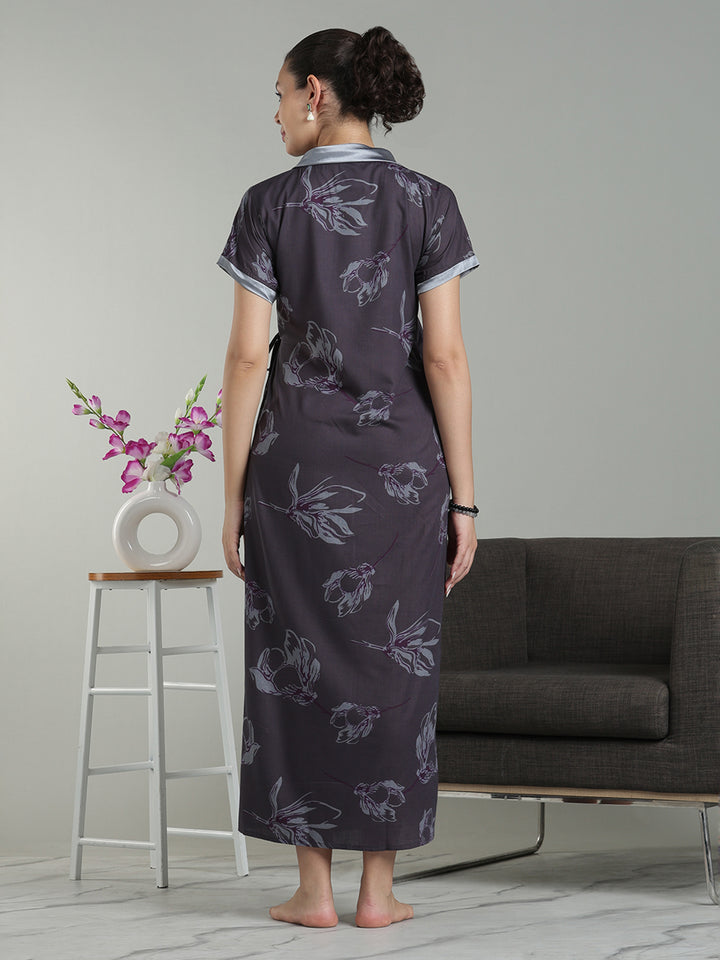 Plum Mist Viscose Blend Housecoat with Floral Sketch Print for Women