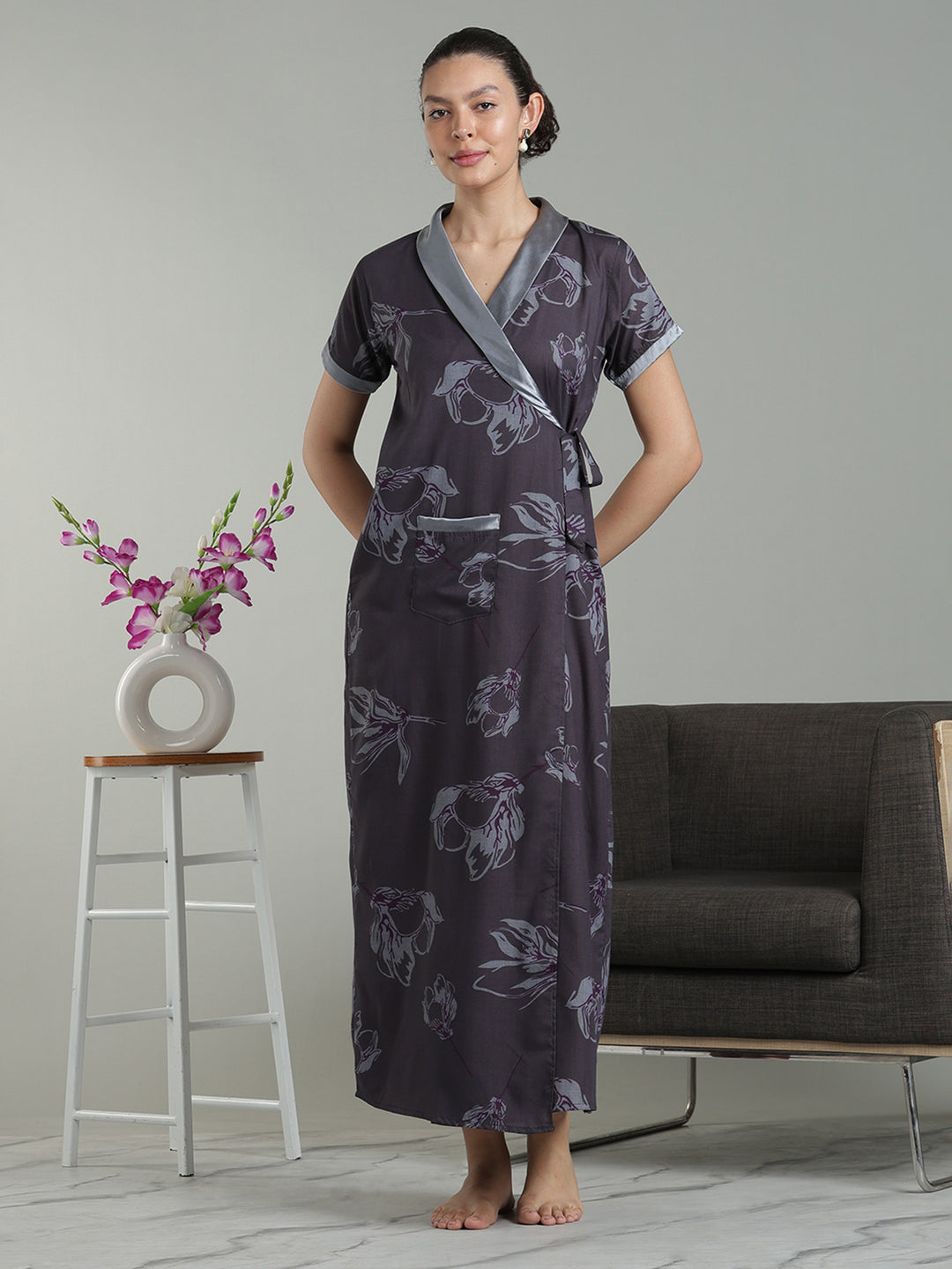 Plum Mist Viscose Blend Housecoat with Floral Sketch Print for Women