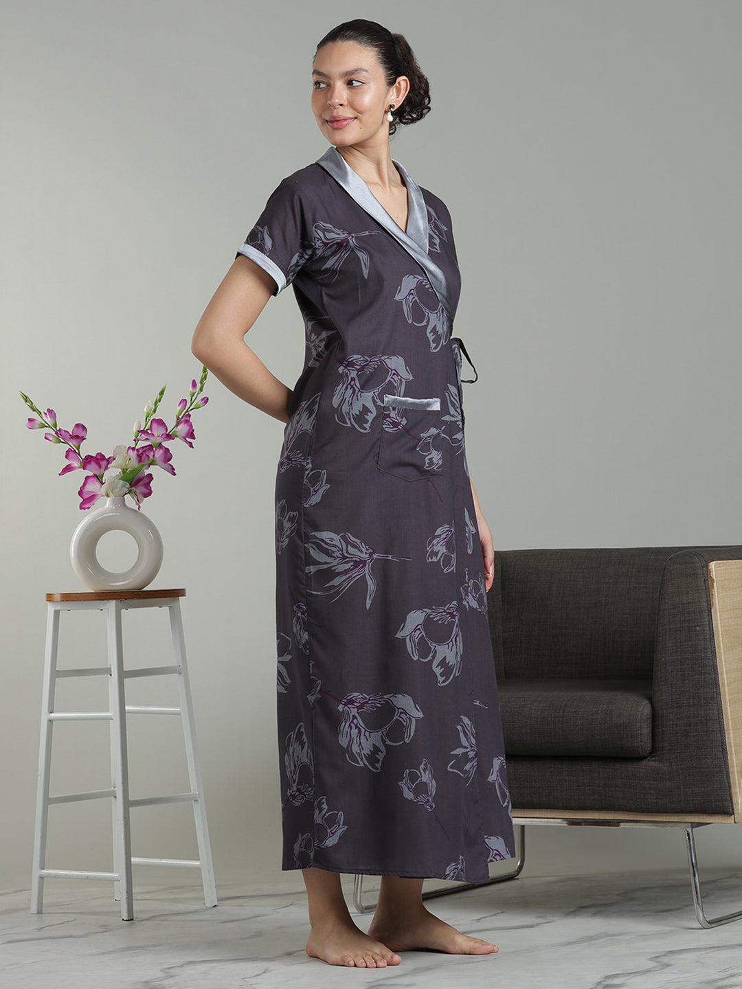 Plum Mist Viscose Blend Housecoat with Floral Sketch Print for Women