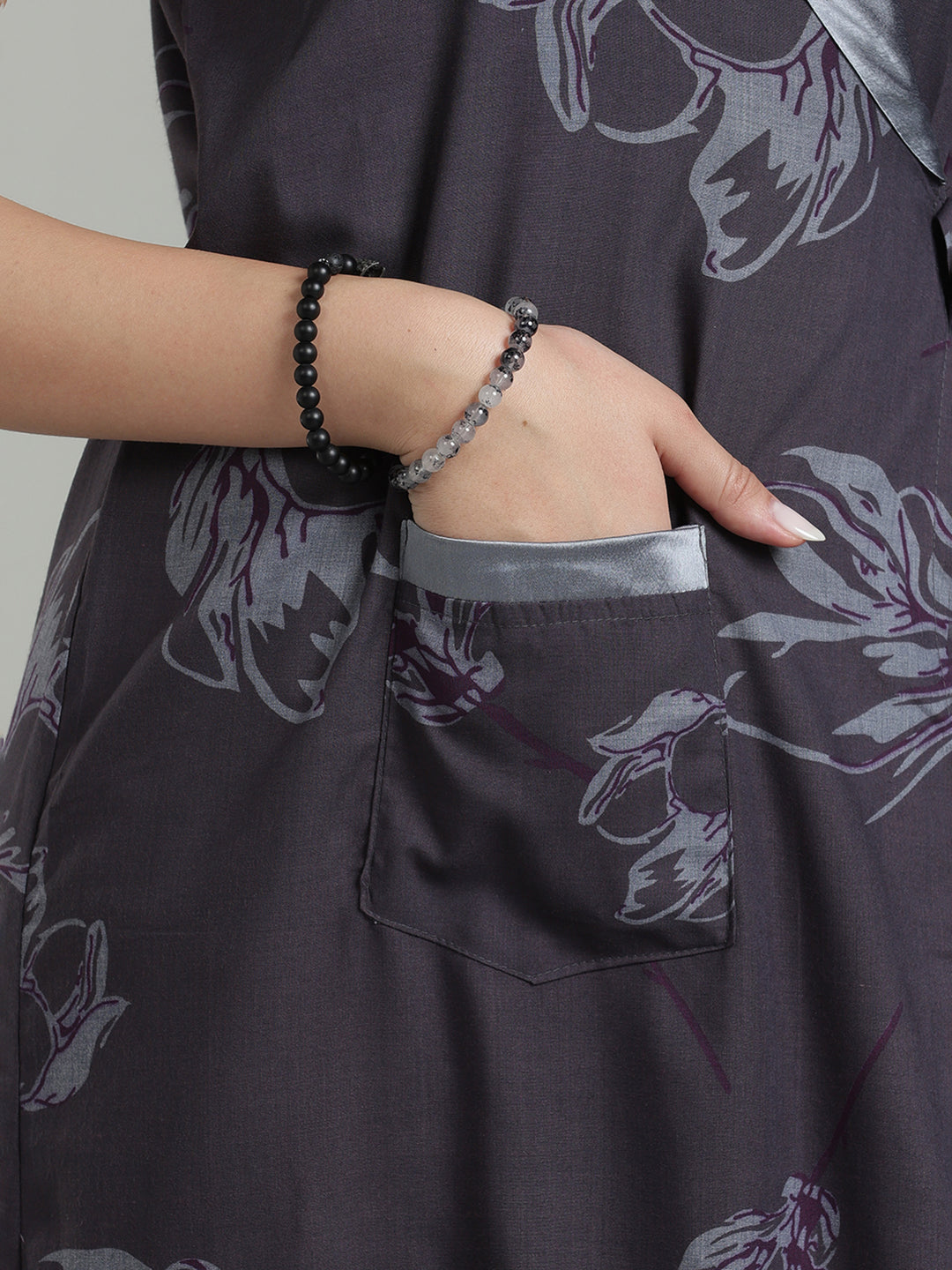 Plum Mist Viscose Blend Housecoat with Floral Sketch Print for Women