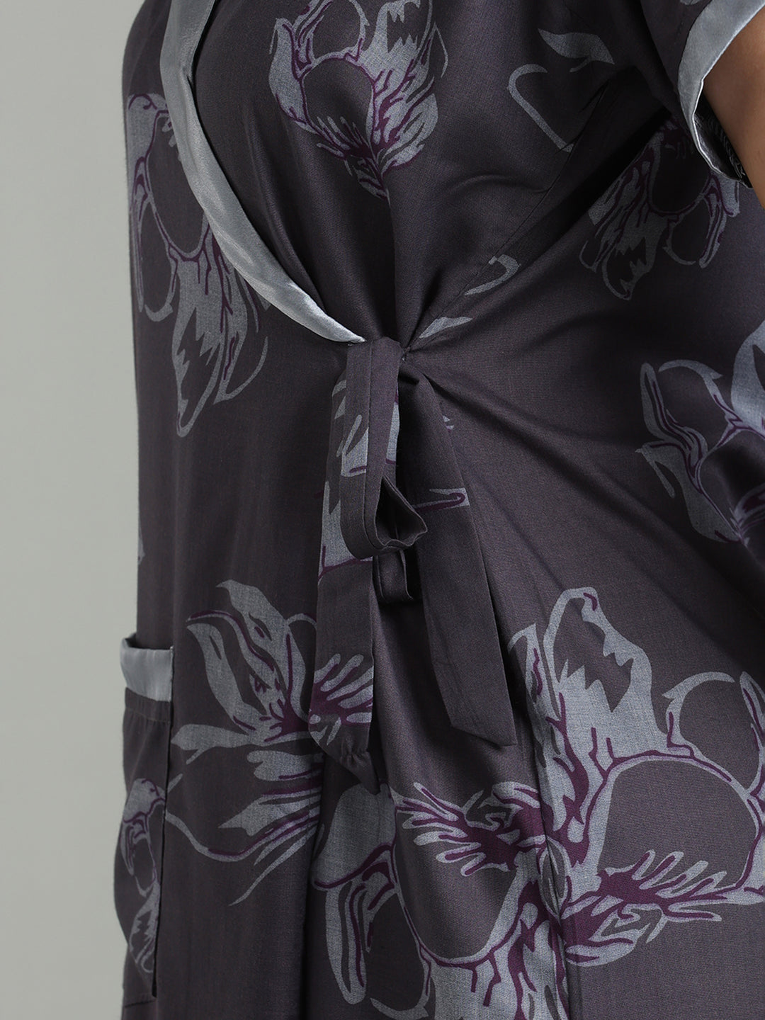 Plum Mist Viscose Blend Housecoat with Floral Sketch Print for Women