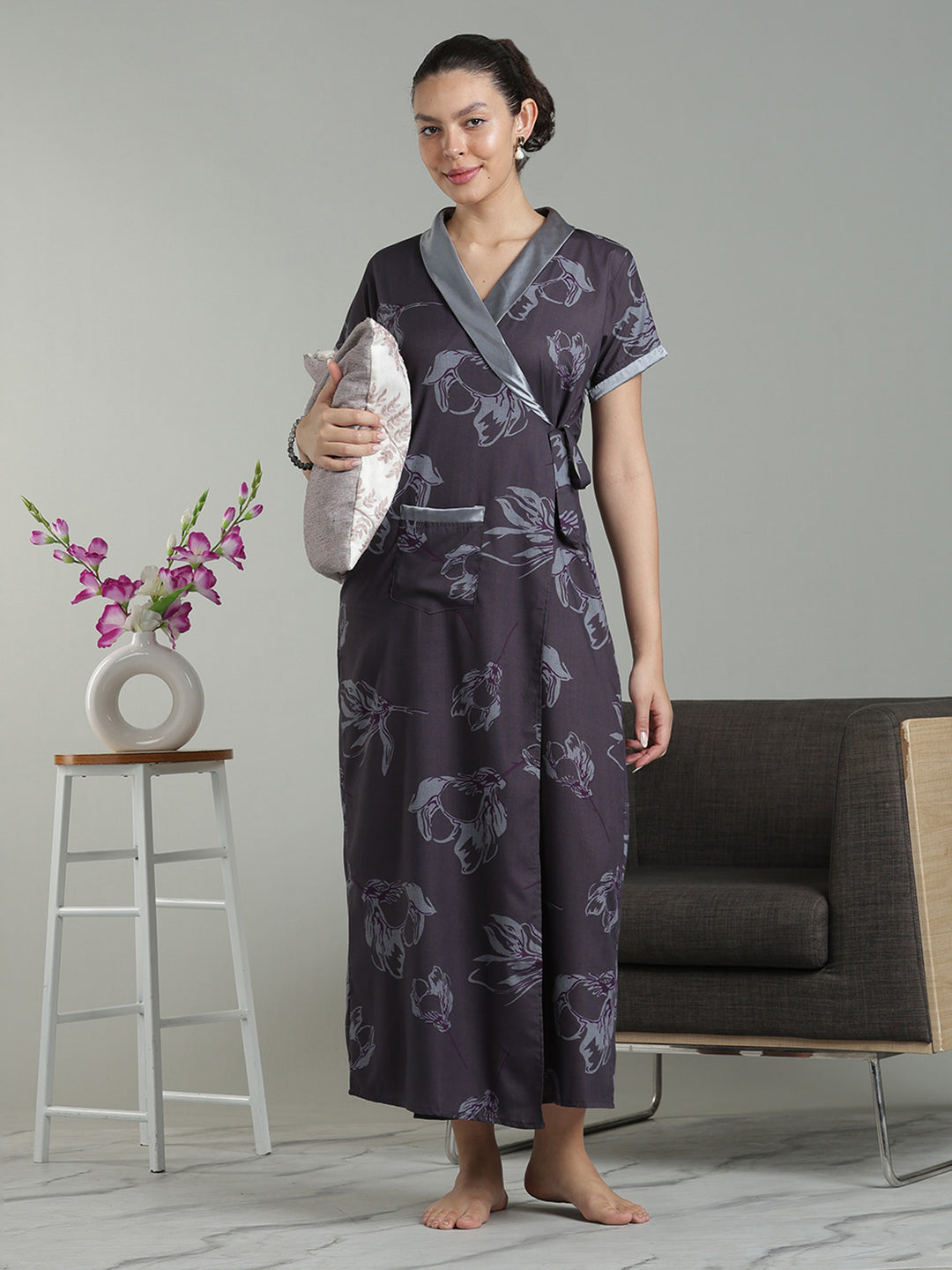 Plum Mist Viscose Blend Housecoat with Floral Sketch Print for Women