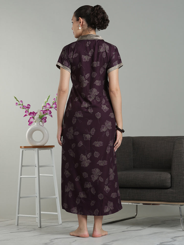 Prussian Fig Viscose Blend Housecoat with Floral Sketch Print for Women