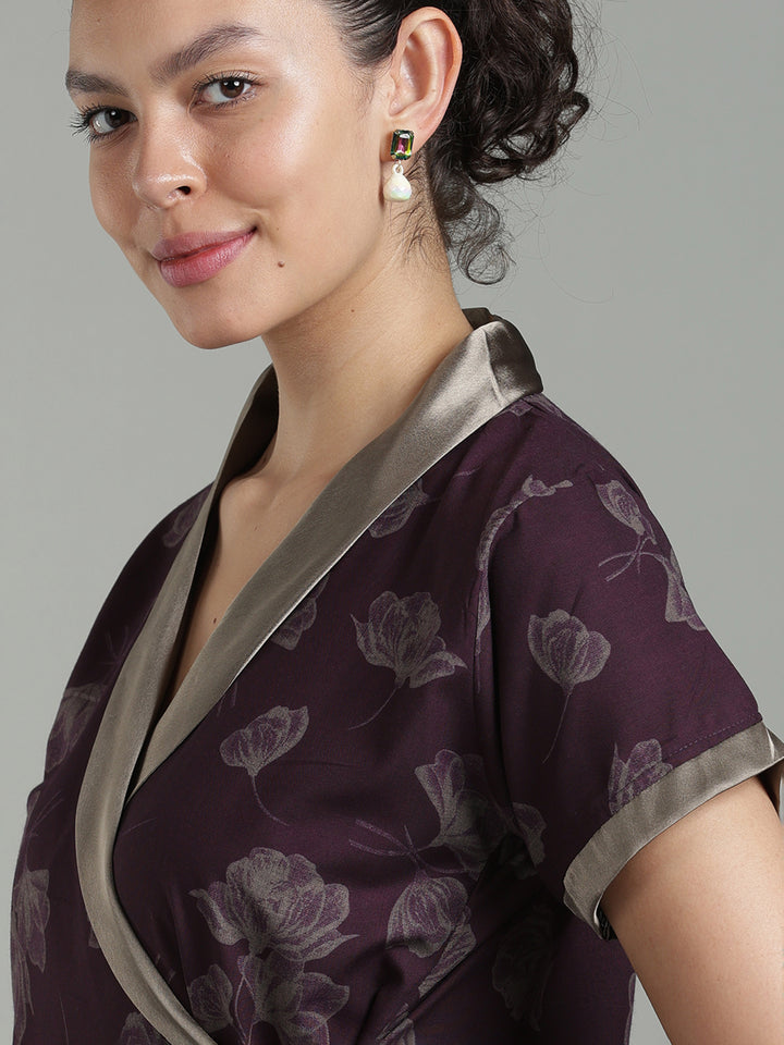 Prussian Fig Viscose Blend Housecoat with Floral Sketch Print for Women