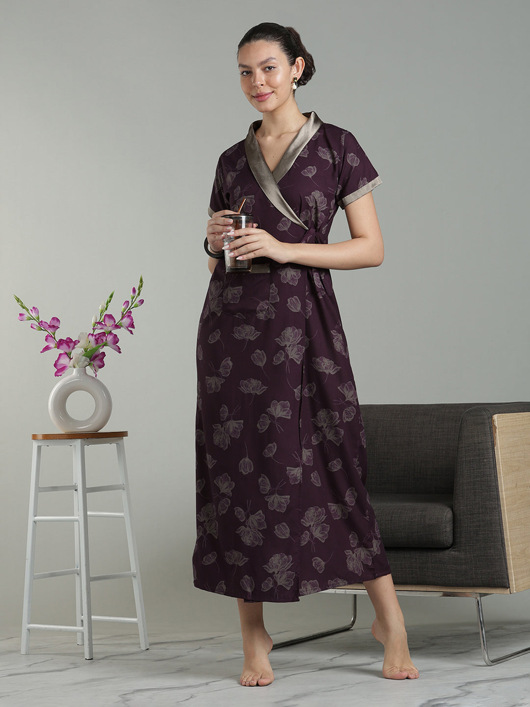 Prussian Fig Viscose Blend Housecoat with Floral Sketch Print for Women