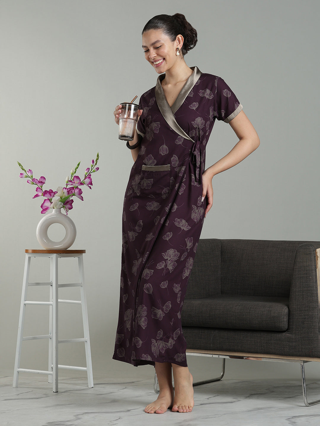 Prussian Fig Viscose Blend Housecoat with Floral Sketch Print for Women