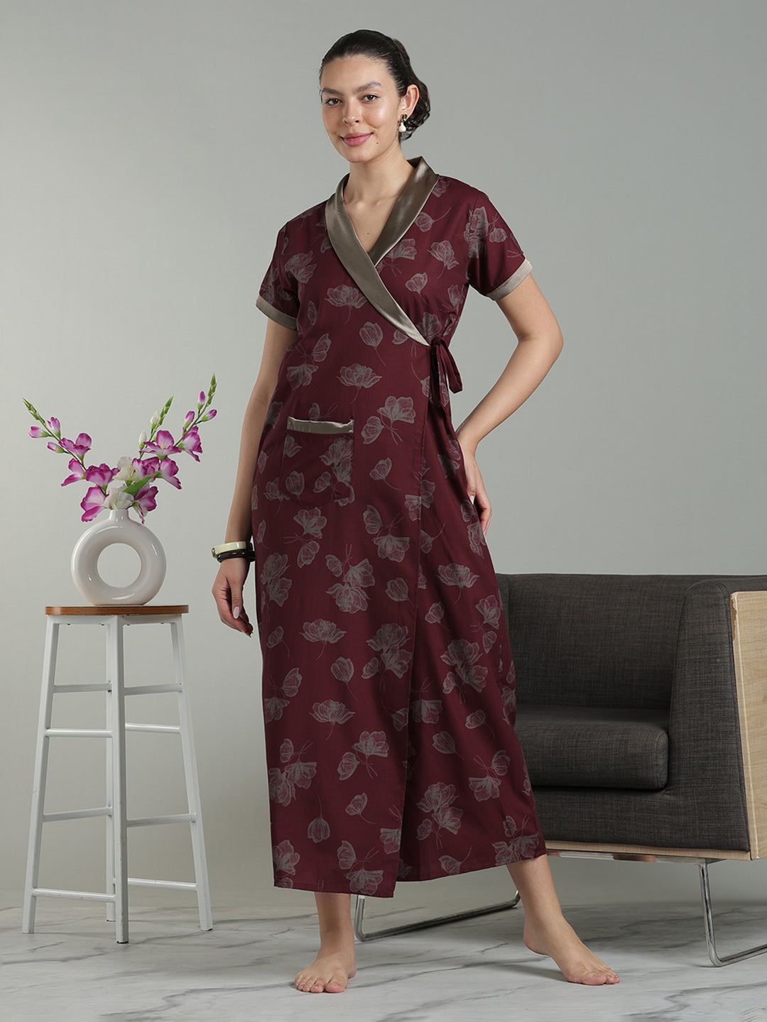 Prussian Wine Viscose Blend Housecoat with Floral Sketch Print for Women