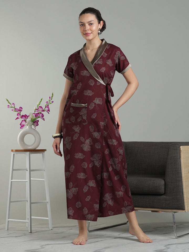 Prussian Wine Viscose Blend Housecoat with Floral Sketch Print for Women