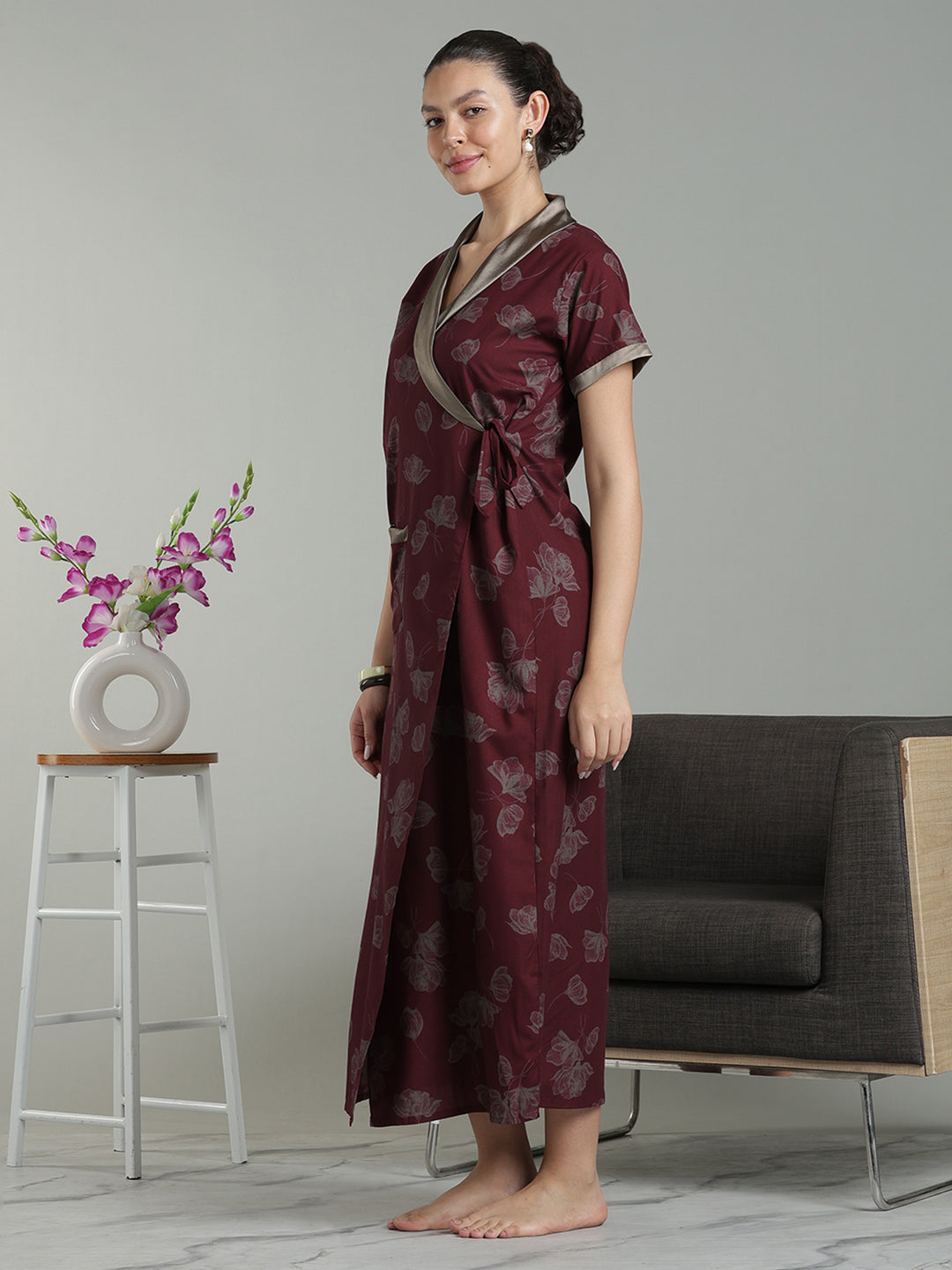 Prussian Wine Viscose Blend Housecoat with Floral Sketch Print for Women