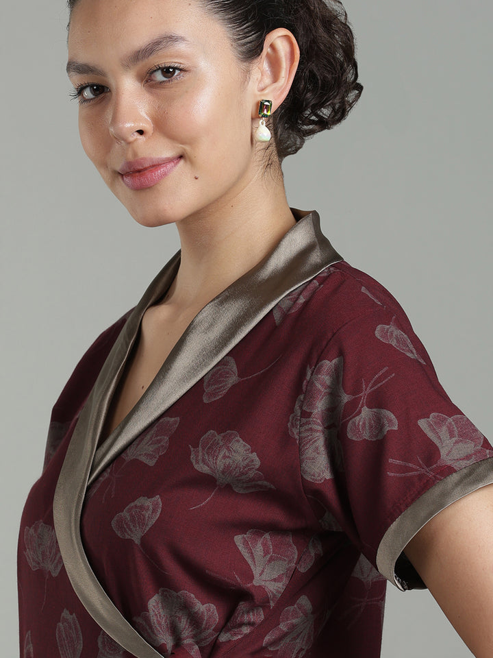 Prussian Wine Viscose Blend Housecoat with Floral Sketch Print for Women