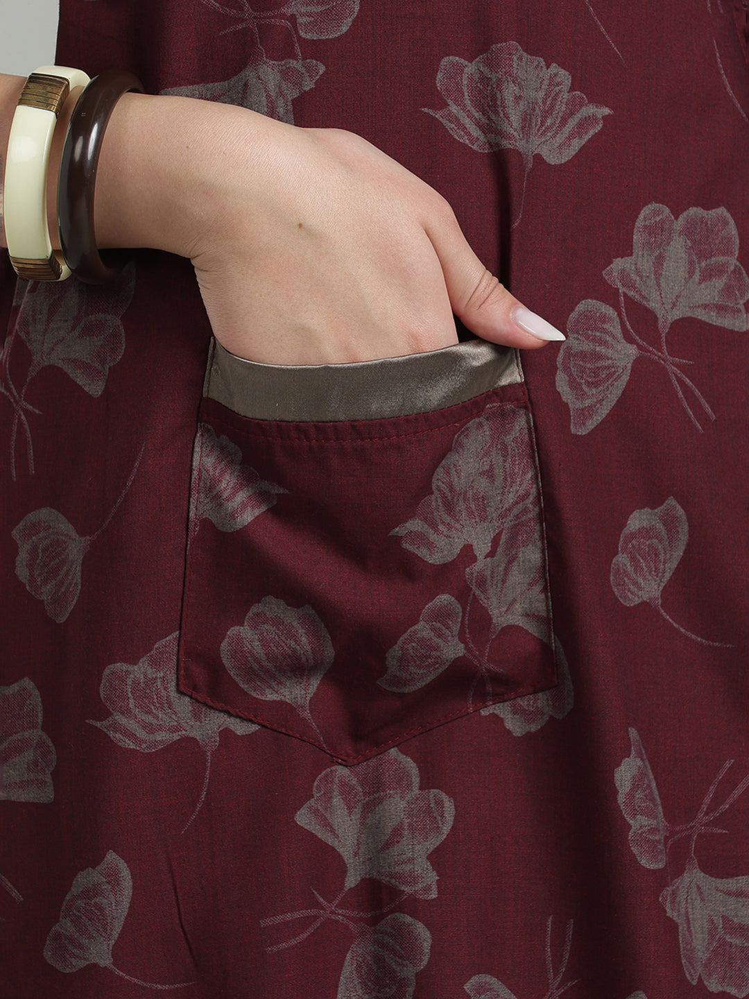 Prussian Wine Viscose Blend Housecoat with Floral Sketch Print for Women