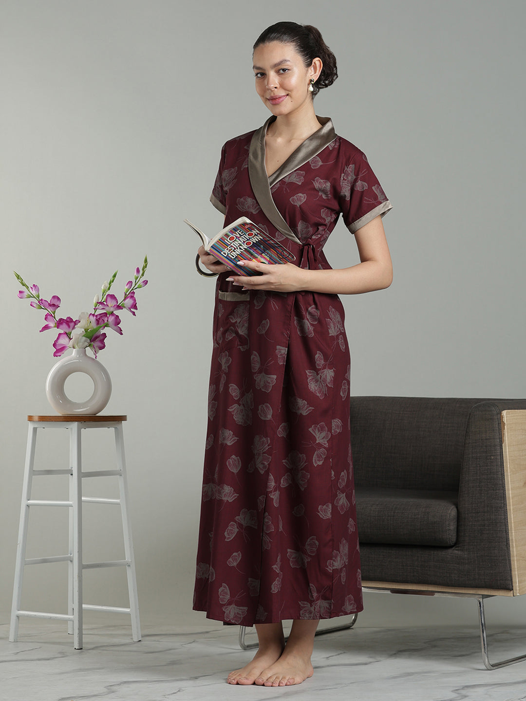 Prussian Wine Viscose Blend Housecoat with Floral Sketch Print for Women