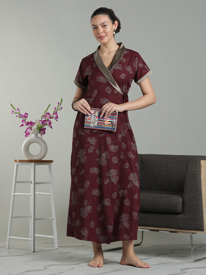 Prussian Wine Viscose Blend Housecoat with Floral Sketch Print for Women