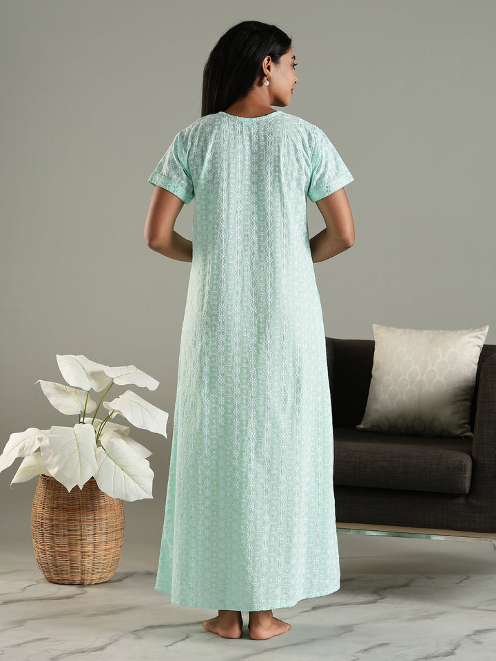 Mint Green Pure Cotton Chikankari Nighty for Women Breathable and Stylish