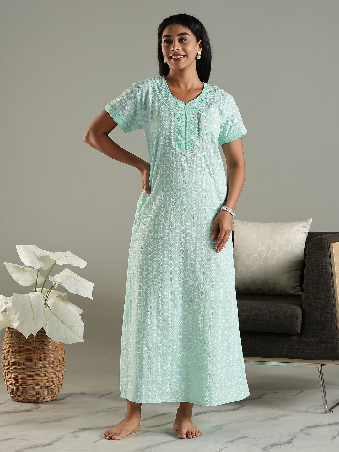 Mint Green Pure Cotton Chikankari Nighty for Women Breathable and Stylish