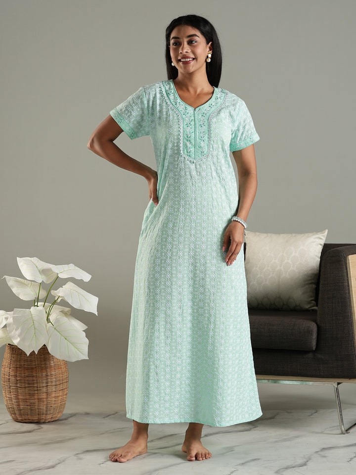 Mint Green Pure Cotton Chikankari Nighty for Women Breathable and Stylish
