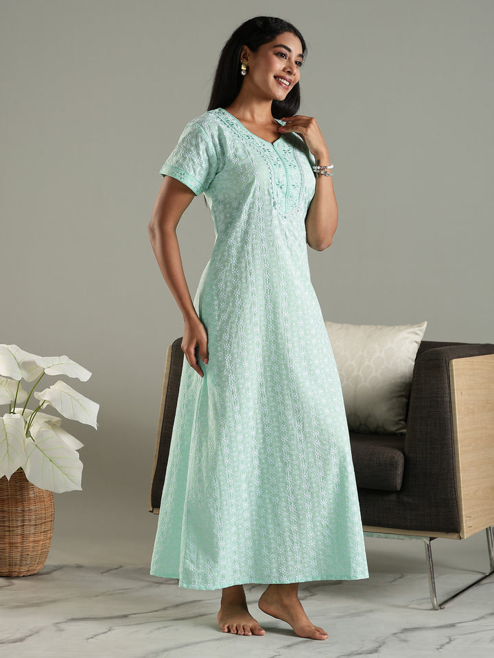 Mint Green Pure Cotton Chikankari Nighty for Women Breathable and Stylish