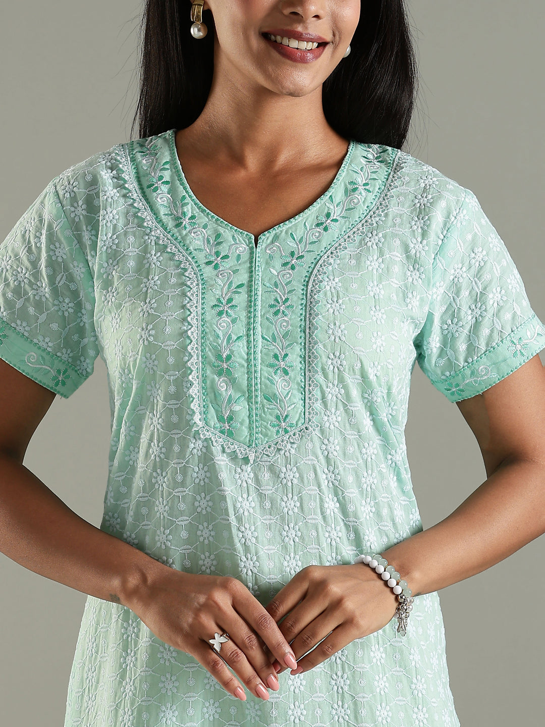 Mint Green Pure Cotton Chikankari Nighty for Women Breathable and Stylish