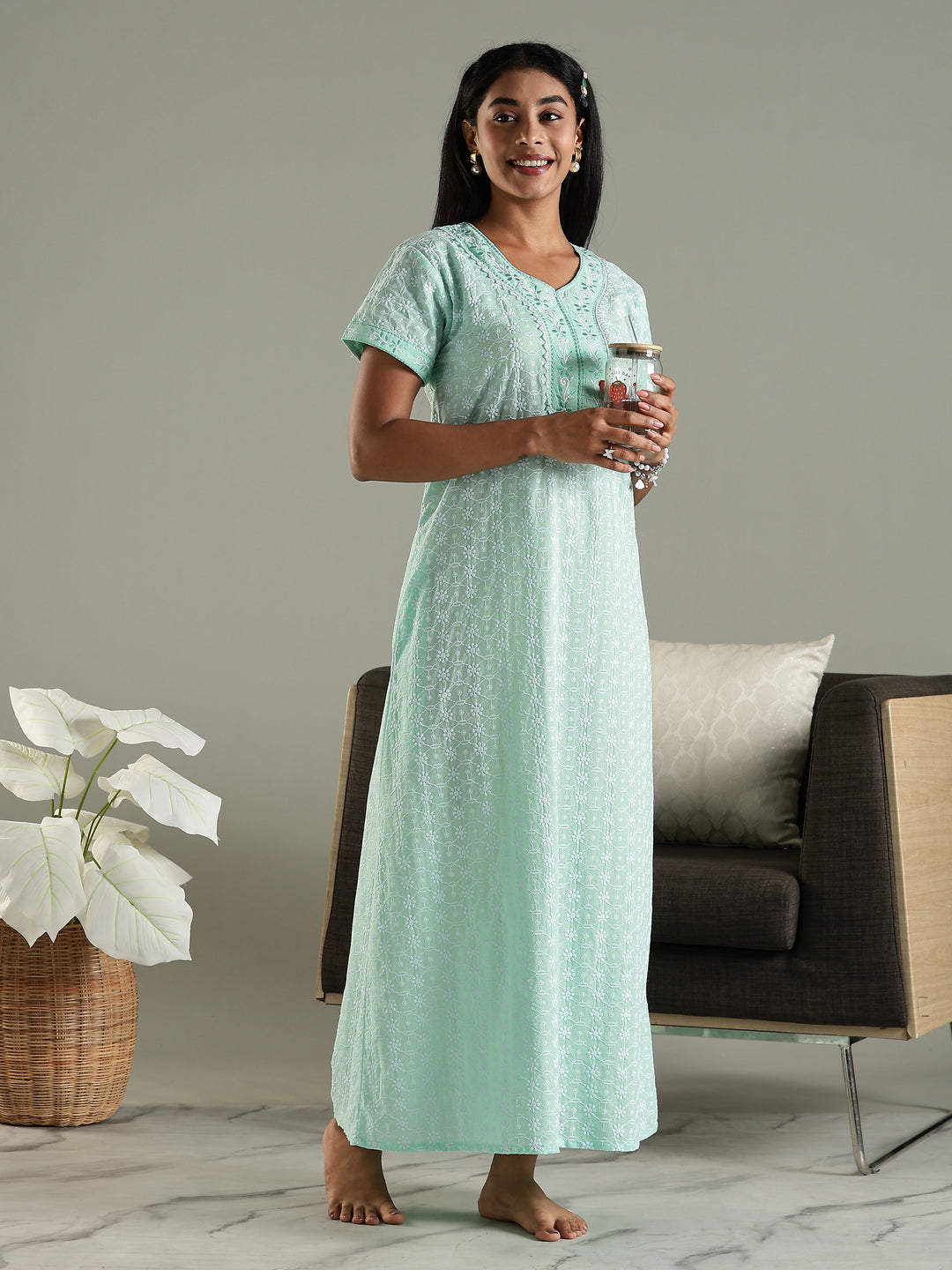 Mint Green Pure Cotton Chikankari Nighty for Women Breathable and Stylish
