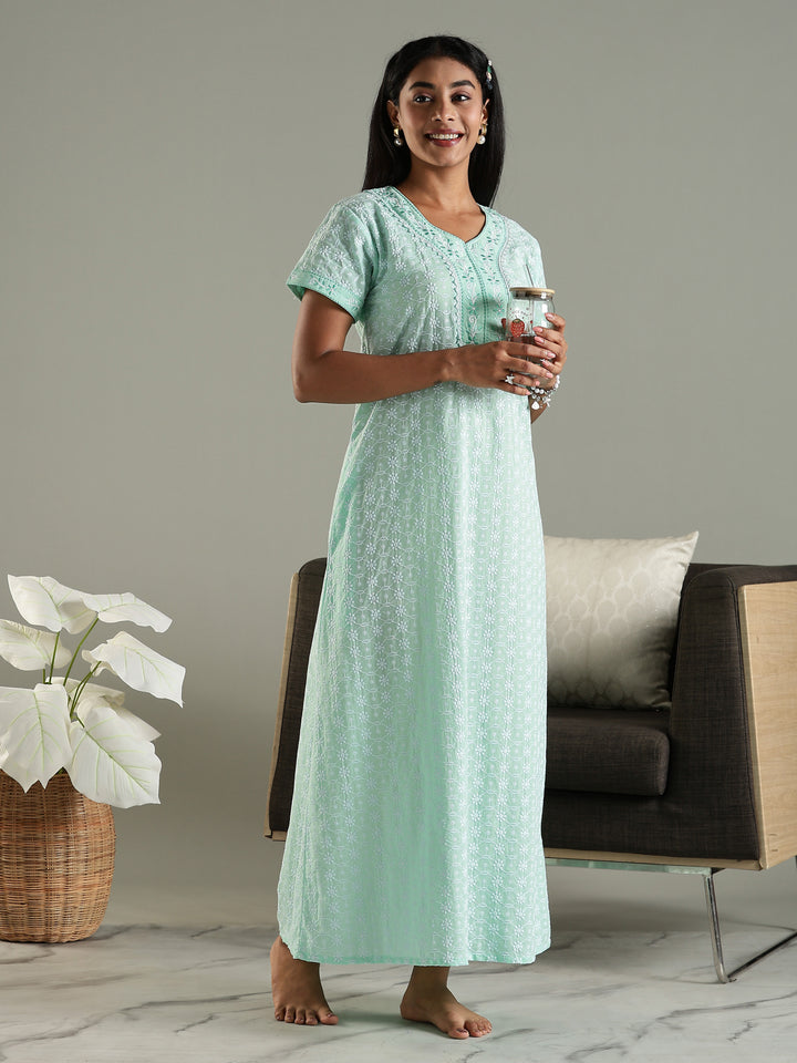 Mint Green Pure Cotton Chikankari Nighty for Women Breathable and Stylish