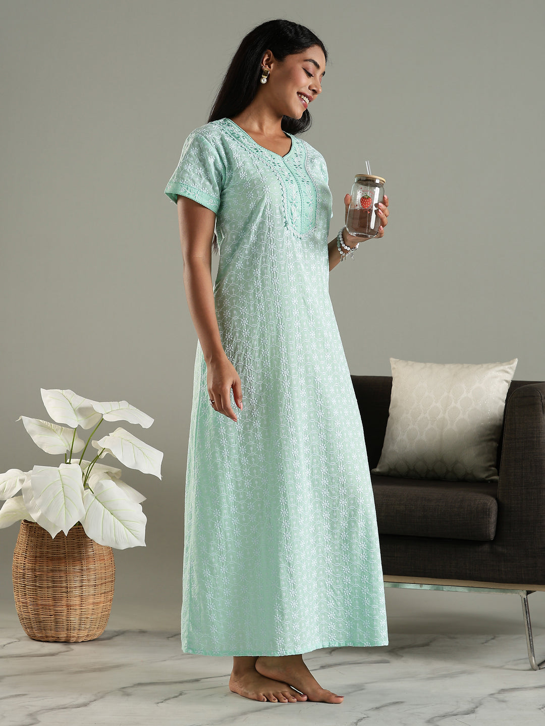 Mint Green Pure Cotton Chikankari Nighty for Women Breathable and Stylish