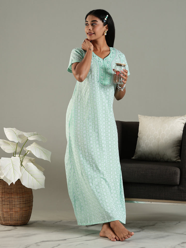 Mint Green Pure Cotton Chikankari Nighty for Women Breathable and Stylish