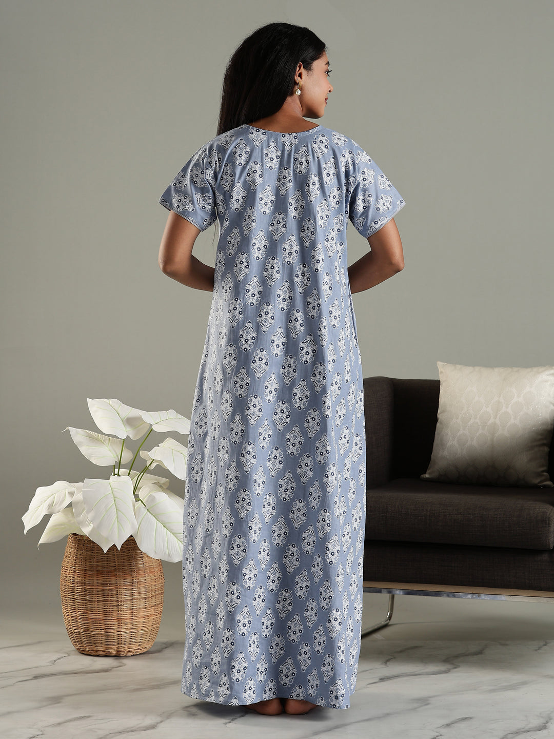 Pure Cotton Printed Nighty for Women in Grey with Pocket