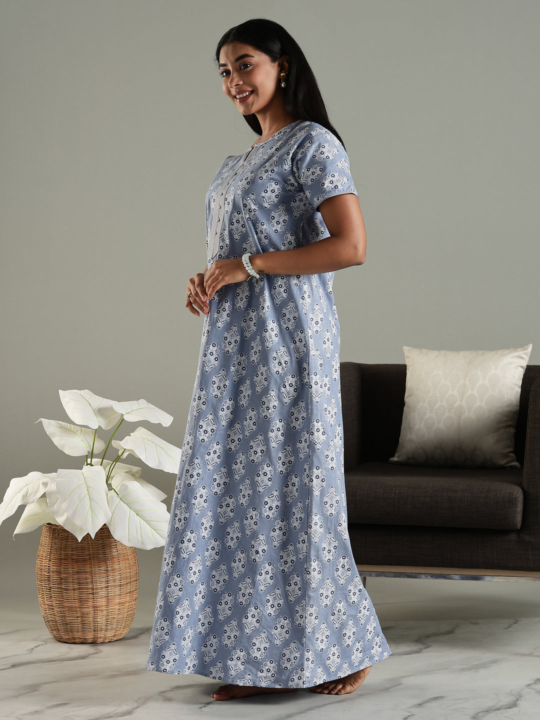 Pure Cotton Printed Nighty for Women in Grey with Pocket