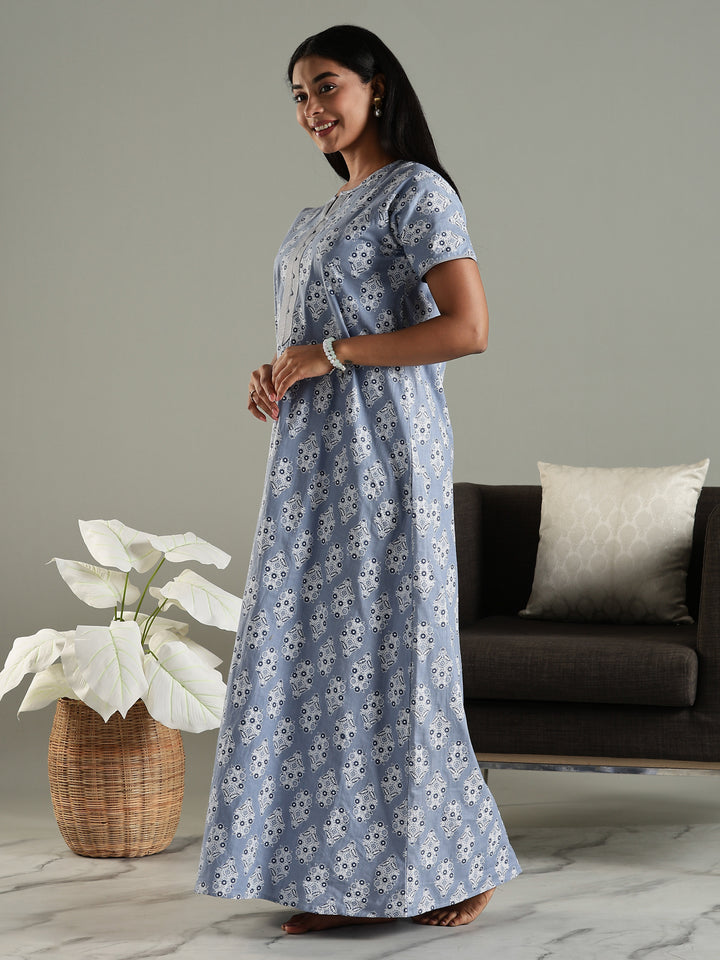 Pure Cotton Printed Nighty for Women in Grey with Pocket