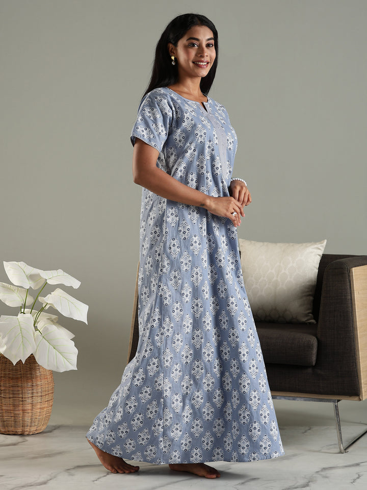 Pure Cotton Printed Nighty for Women in Grey with Pocket
