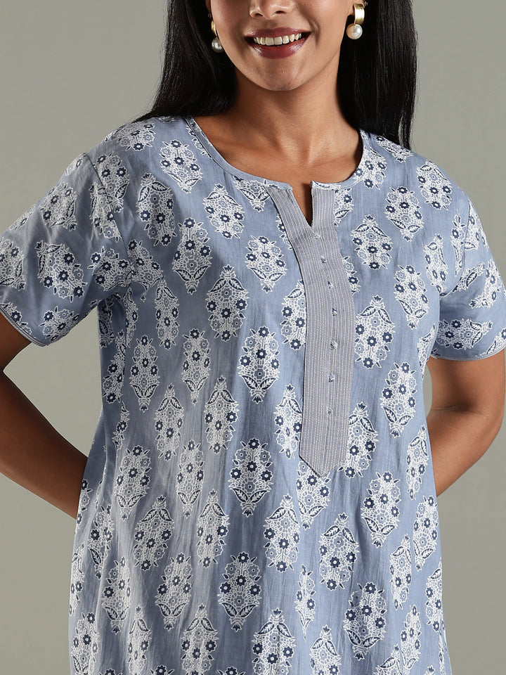 Pure Cotton Printed Nighty for Women in Grey with Pocket