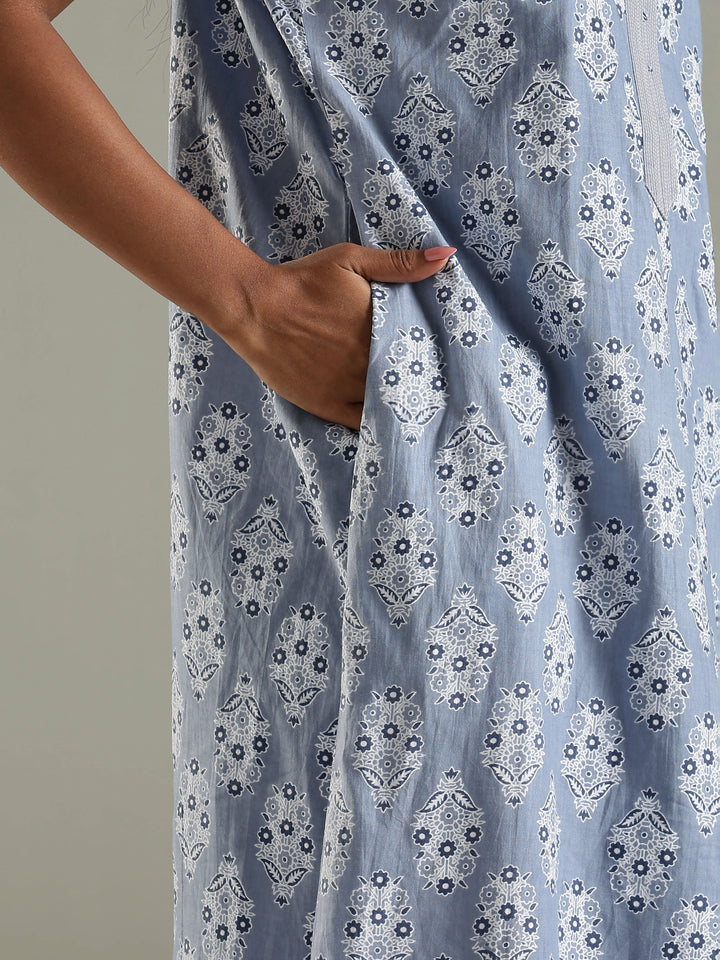 Pure Cotton Printed Nighty for Women in Grey with Pocket