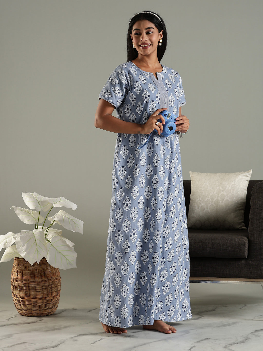 Pure Cotton Printed Nighty for Women in Grey with Pocket
