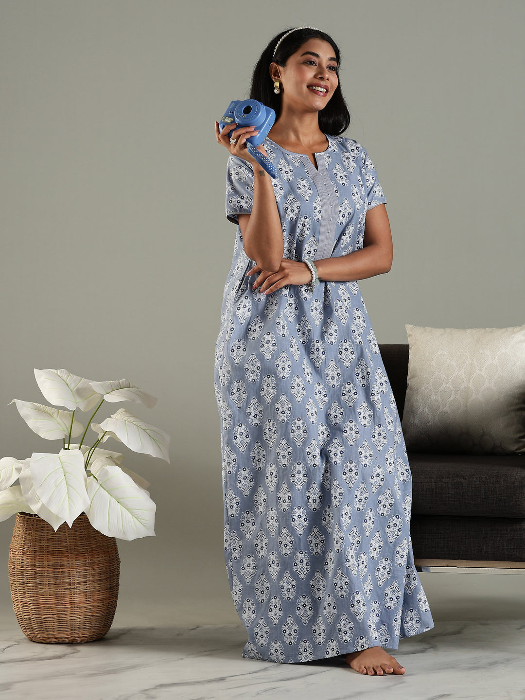 Pure Cotton Printed Nighty for Women in Grey with Pocket