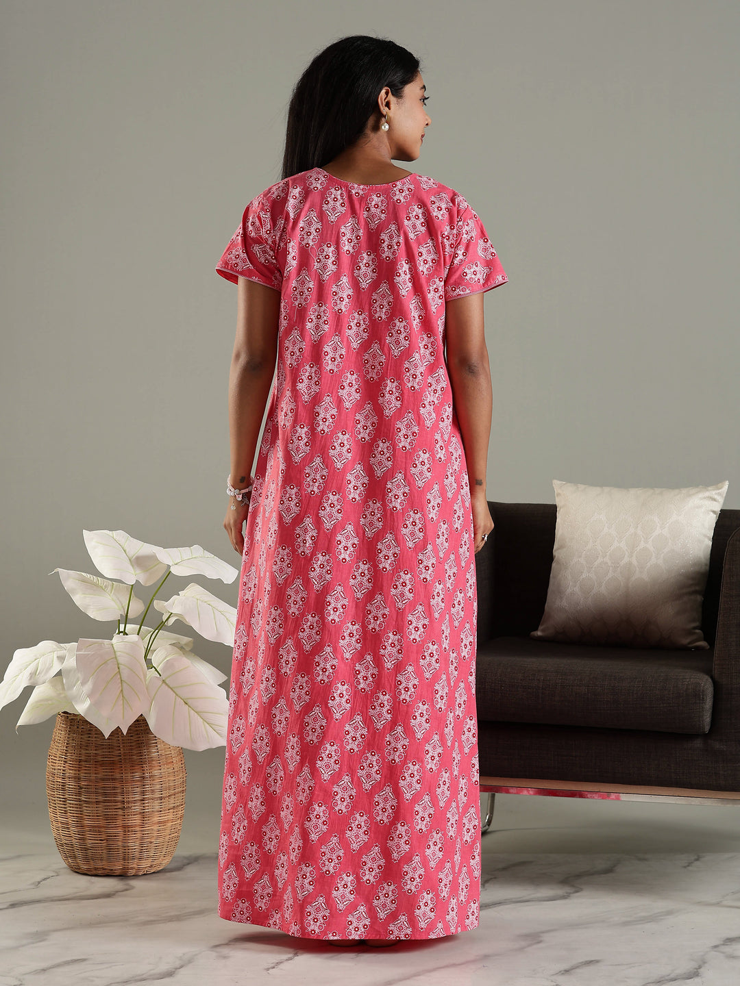 Printed Pink Pure Cotton Nighty for Women with Pocket