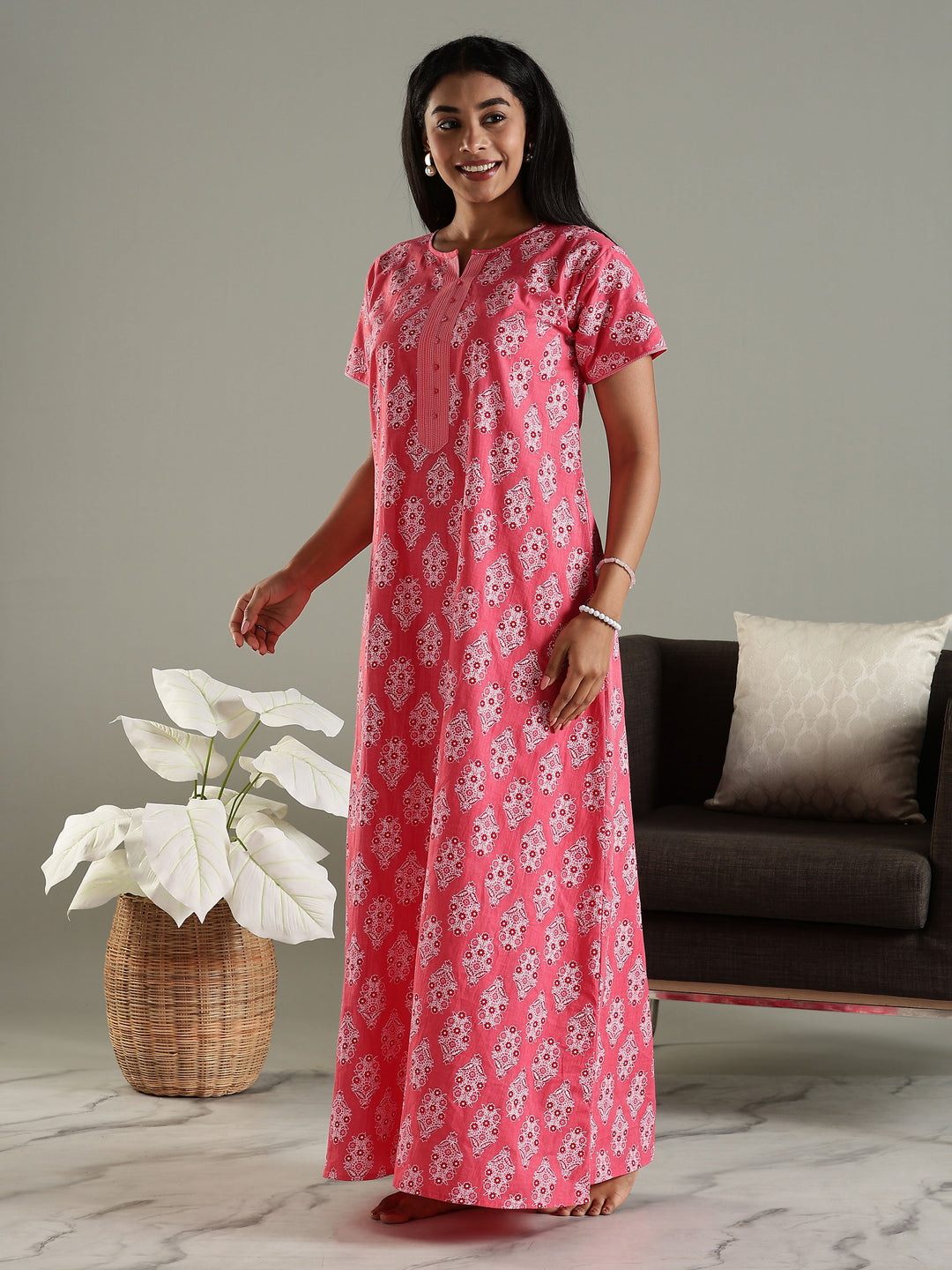 Printed Pink Pure Cotton Nighty for Women with Pocket