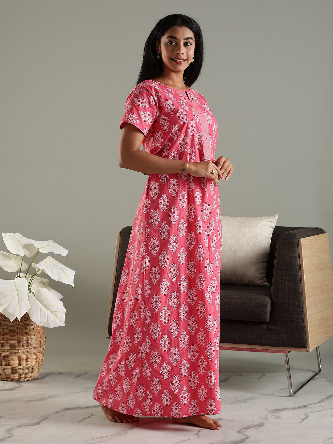 Printed Pink Pure Cotton Nighty for Women with Pocket